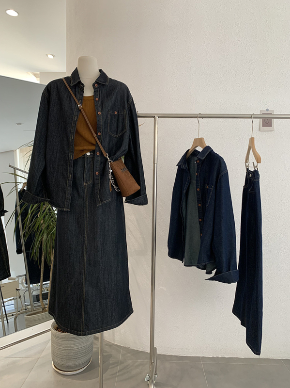Omalai Denim košulja s reverom, dugi rukavi, srednja duljina, top + suknja, dvodijelni set