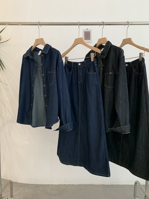 Omalai Denim košulja s reverom, dugi rukavi, srednja duljina, top + suknja, dvodijelni set