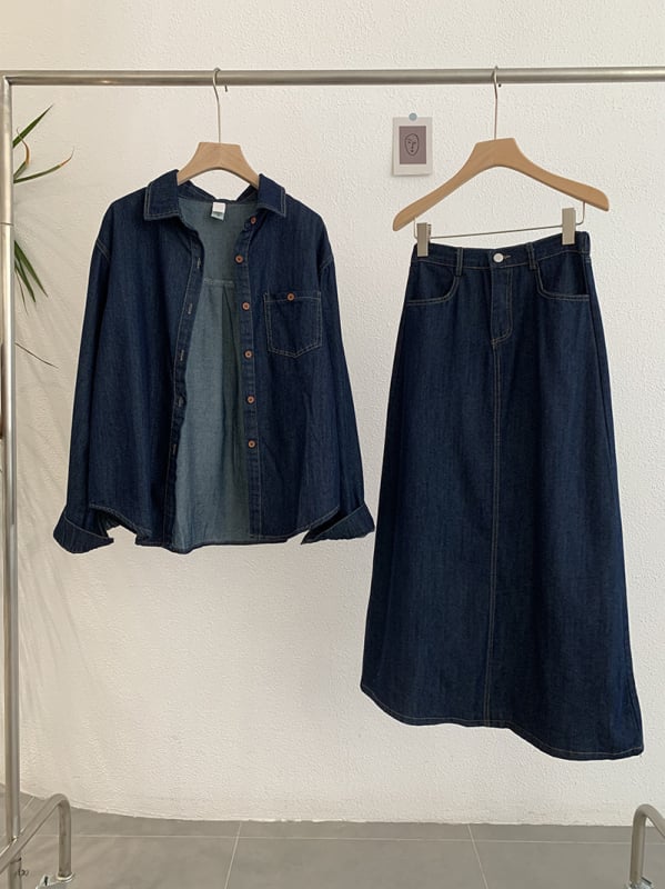 Omalai Denim košulja s reverom, dugi rukavi, srednja duljina, top + suknja, dvodijelni set
