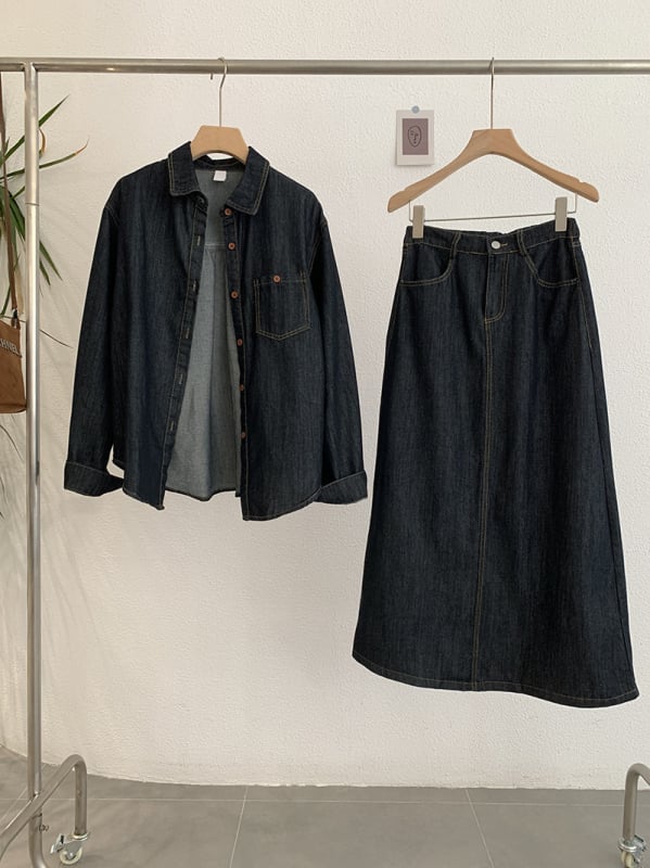 Omalai Denim košulja s reverom, dugi rukavi, srednja duljina, top + suknja, dvodijelni set