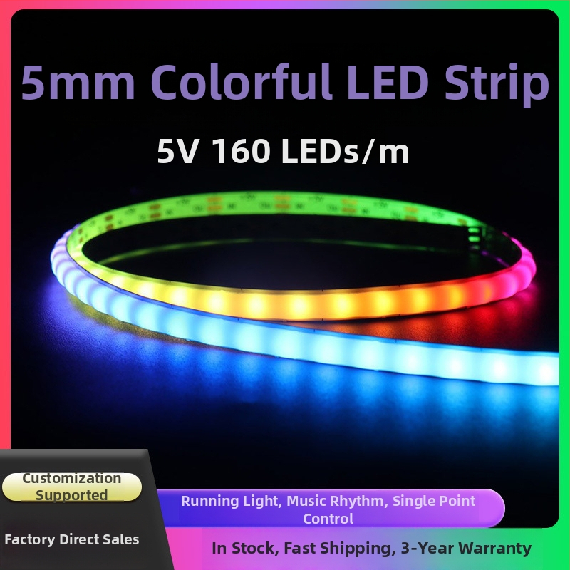 COB farebná LED páska, 5 mm, 160 LED/m, 12V/5V, programovateľná, inteligentné ovládanie na jednom bode, vodopádový efekt, flexibilná