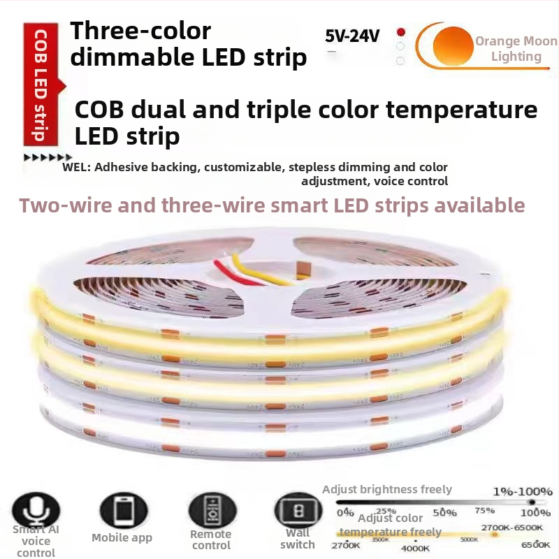 Inteligentný COB LED pás s tromi teplotami farieb, plným spektrom, ovládanie hlasom a aplikáciou, lineárne osvetlenie do obývačky