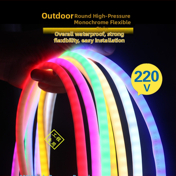 LED pružná neónová páska, 220V, kruhový prierez 14 mm, jednofarebná, silikónová vodotesná, osvetlenie nápisov a inžinierske osvetlenie