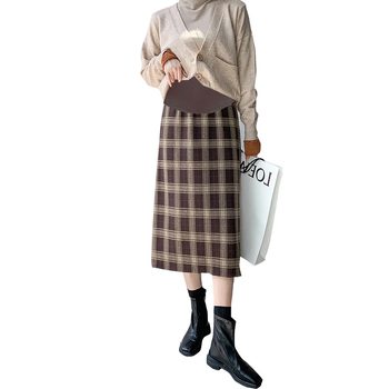 Tehotenská kockovaná midi sukňa so stranovým rozparkom, retro A-línia, elegantný rovný strih na jeseň-zimu