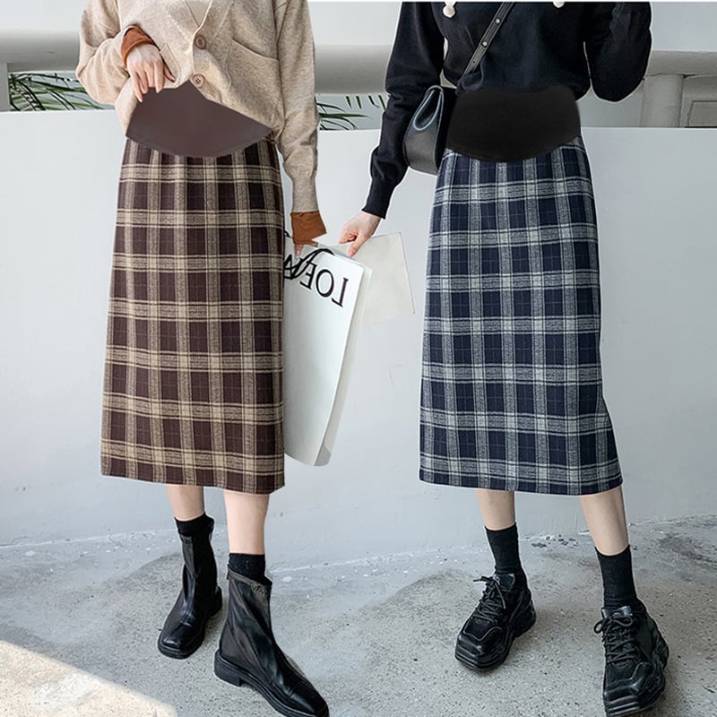 Tehotenská kockovaná midi sukňa so stranovým rozparkom, retro A-línia, elegantný rovný strih na jeseň-zimu
