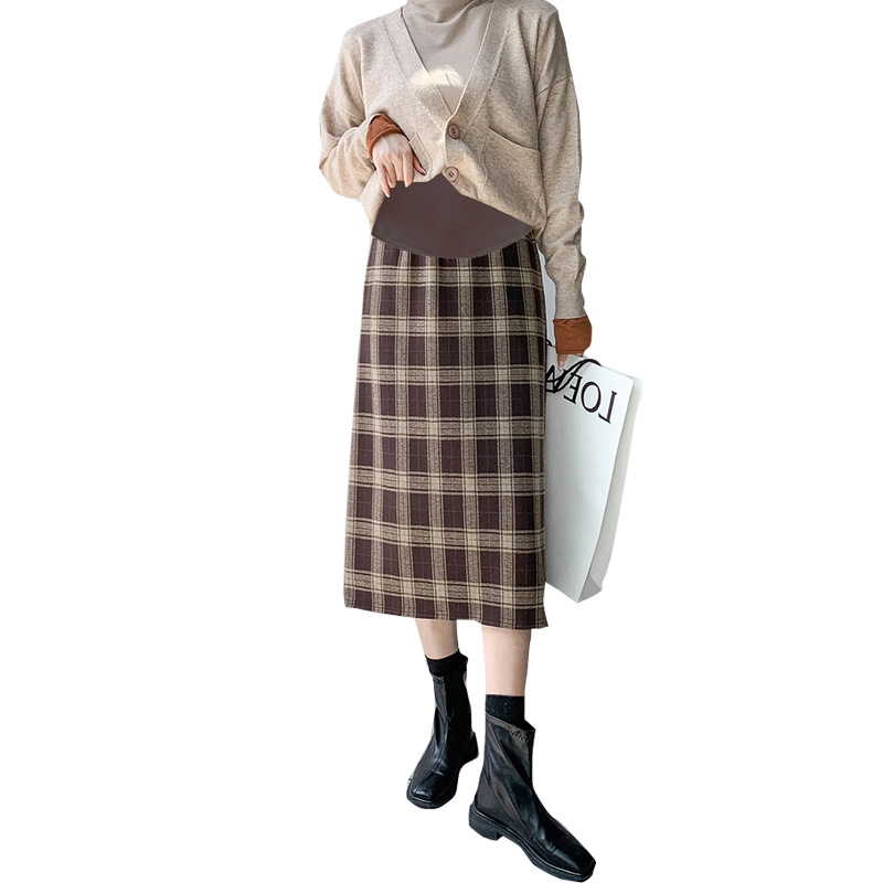 Tehotenská kockovaná midi sukňa so stranovým rozparkom, retro A-línia, elegantný rovný strih na jeseň-zimu