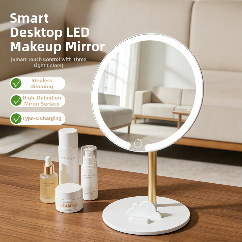 LED zrkadlo na make‑up, prenosné, okrúhle otočné stolové zrkadlo