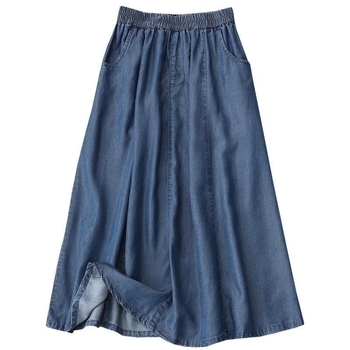 Dámska sukňa z Tencel denim, letná, dlhá, vysoký pás s elastickým pásom, voľný strih, A-line, kórejský štýl