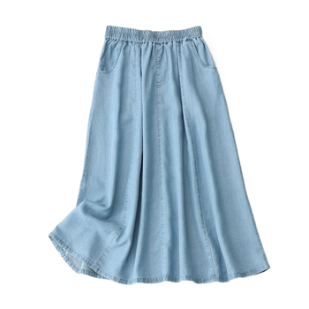 Dámska sukňa z Tencel denim, letná, dlhá, vysoký pás s elastickým pásom, voľný strih, A-line, kórejský štýl