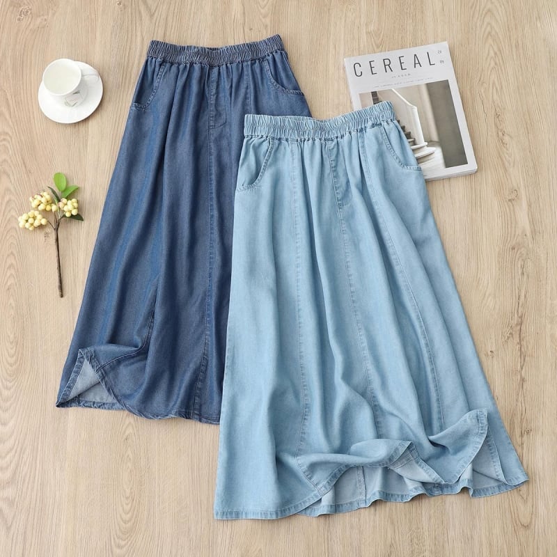 Dámska sukňa z Tencel denim, letná, dlhá, vysoký pás s elastickým pásom, voľný strih, A-line, kórejský štýl