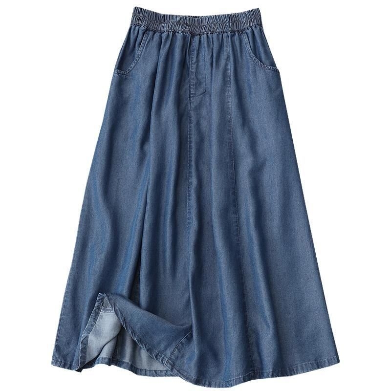 Dámska sukňa z Tencel denim, letná, dlhá, vysoký pás s elastickým pásom, voľný strih, A-line, kórejský štýl