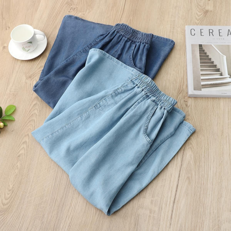 Dámska sukňa z Tencel denim, letná, dlhá, vysoký pás s elastickým pásom, voľný strih, A-line, kórejský štýl