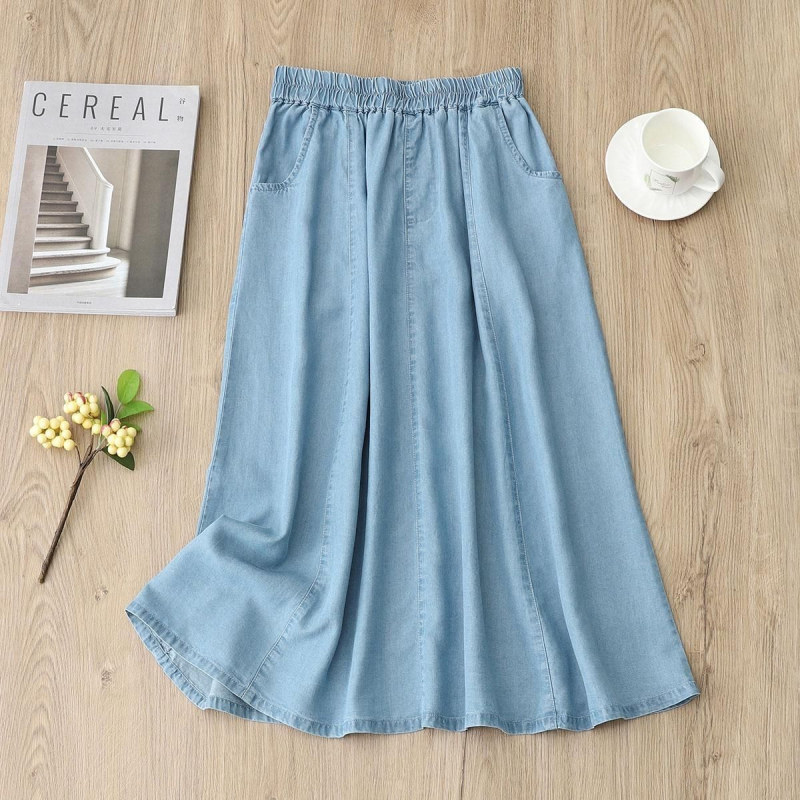 Dámska sukňa z Tencel denim, letná, dlhá, vysoký pás s elastickým pásom, voľný strih, A-line, kórejský štýl