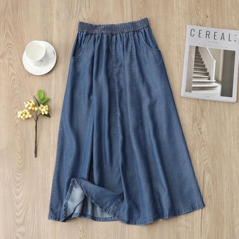 Dámska sukňa z Tencel denim, letná, dlhá, vysoký pás s elastickým pásom, voľný strih, A-line, kórejský štýl