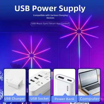 LED Farebné Ohňostrojové Svetlá s USB a Bluetooth, Vnútorná Dekoratívna Lampa, Ovládanie Hlasom s Melódiou, 5V