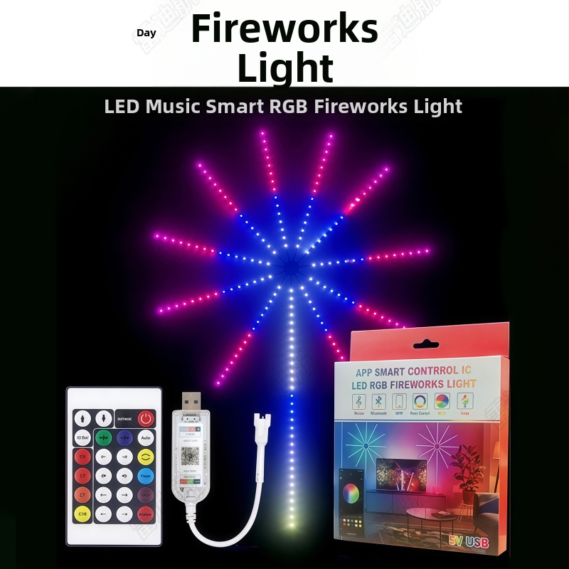 LED Farebné Ohňostrojové Svetlá s USB a Bluetooth, Vnútorná Dekoratívna Lampa, Ovládanie Hlasom s Melódiou, 5V
