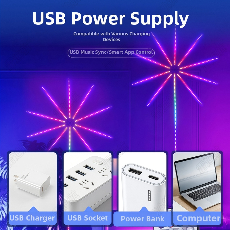 LED Farebné Ohňostrojové Svetlá s USB a Bluetooth, Vnútorná Dekoratívna Lampa, Ovládanie Hlasom s Melódiou, 5V