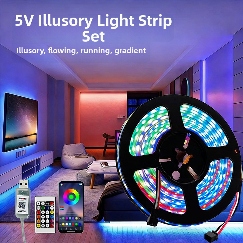 5V RGB LED pás 5050 s epoxidovým krytím, plnofarebný pás so zabudovaným IC a efektmi bežiacich svetiel, dĺžka 5 m