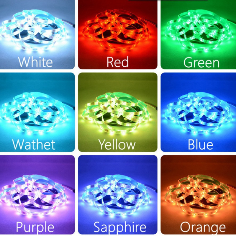 RGB LED pásik 12V, 54 LED 5050, nízke napätie, epoxidové povrchovanie, čierna PCB, dvojité konce s bielym lepidlom na zadnej strane, set na zmenu farieb