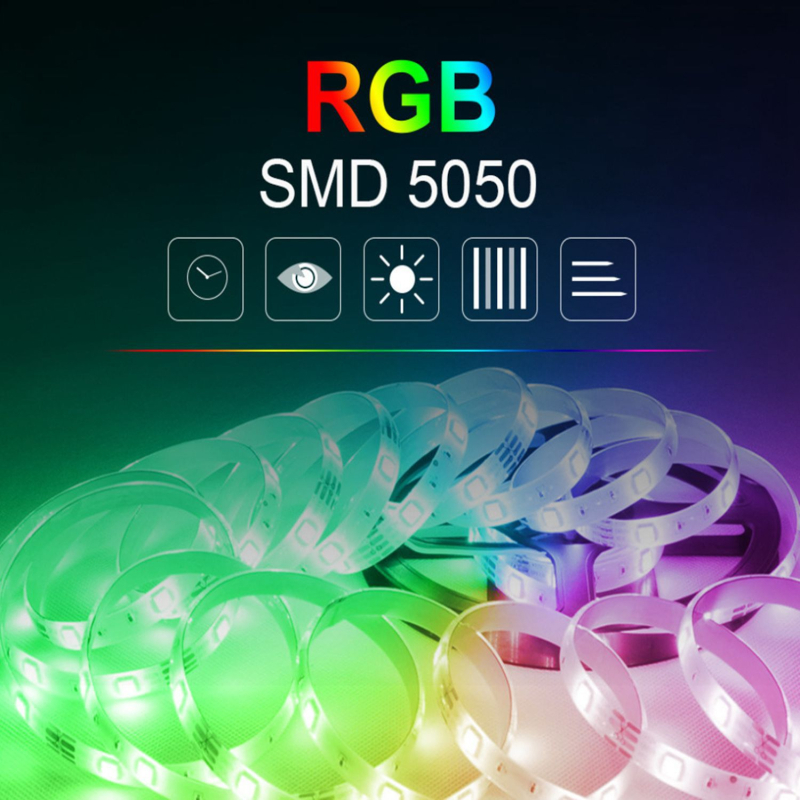 RGB LED pásik 12V, 54 LED 5050, nízke napätie, epoxidové povrchovanie, čierna PCB, dvojité konce s bielym lepidlom na zadnej strane, set na zmenu farieb