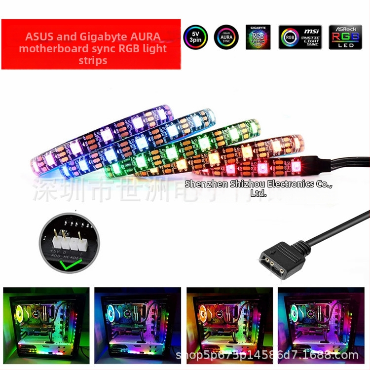 RGB LED pásik pre počítačovú skrinku, 5V, synchronizácia s 3-pin základnou doskou, zmena farieb, DIY dýchací efekt