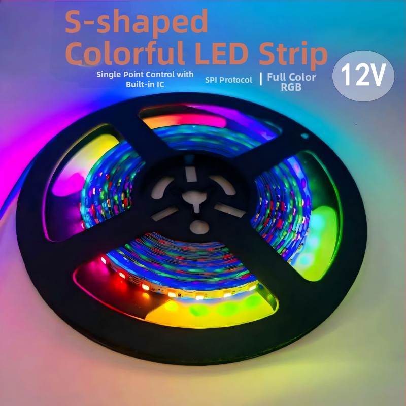 12V S-tvarovaný flexibilný LED pásik, 60 LED, RGB, šírka 7 mm, stmievateľný, s ovládačom, 9 W, životnosť 30 000 h, dĺžka 10 m, pre reklamné svetlá a osvetlené písmená, s funkciou pokračovania po prerušení