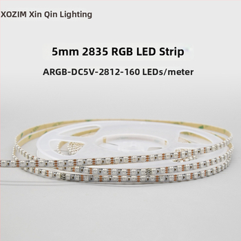 RGB farebný LED pás, 160 LED, 2835, 5V, dĺžka 1000 mm, šírka 5 mm, lúč 120°, stmievateľný, CE certifikát, Nie je vodotesný, Séria: Farebné zvýraznenie, Značka: XQZM