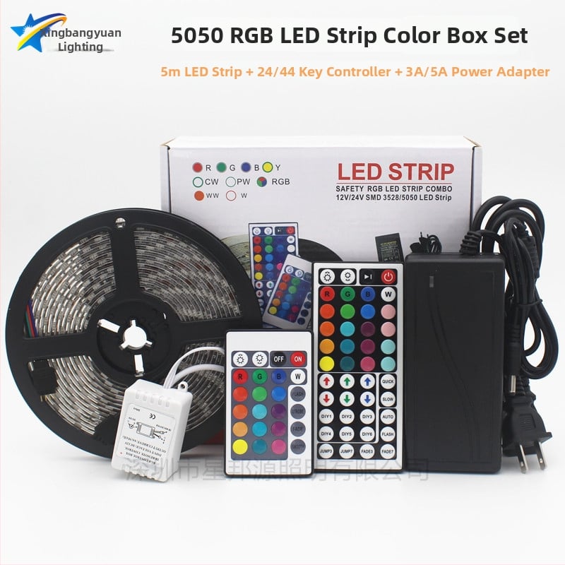LED pásik 12V, 5050 RGB, 5 m set, epoxidové potiahnutie, vodotesnosť IP65, zmena farieb, pružný pásik so 60 LED, balenie v farebnej krabičke