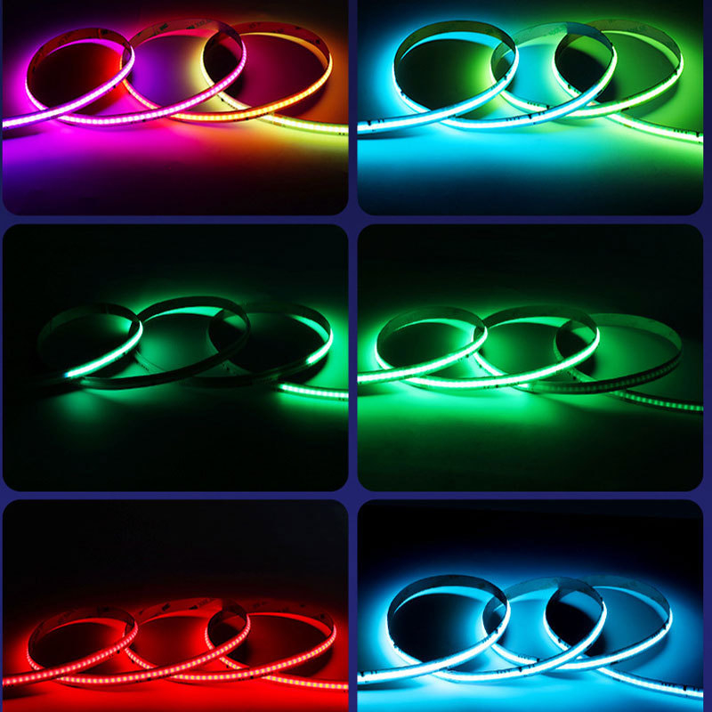 COB RGB LED pásik – Štyri v jednom RGBWW, 5V/12V/24V, 576 LED, lúč 150°, stmievateľný, životnosť 50 000 h, dekorácia do atmosféry