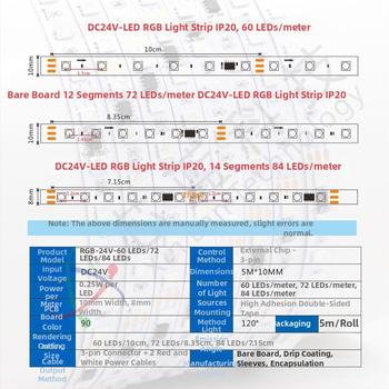 24V RGB LED pás s programovateľnými IC WS2811/1903/16703, 60/72/84 LED