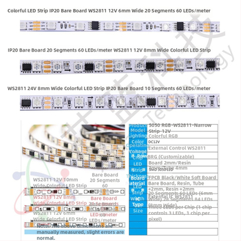 DC12V úzka LED páska, 60 LED, WS2811RGB ovládač, senzorové ovládanie, dekoratív plnofarebná svetelná páska, šírky 6 mm a 8 mm