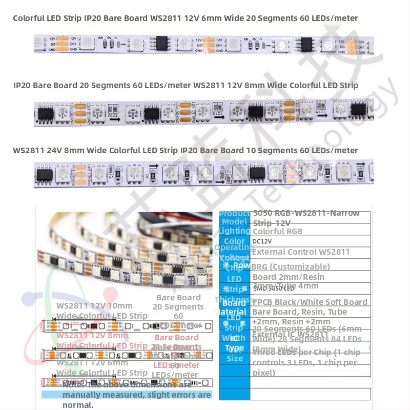 DC12V úzka LED páska, 60 LED, WS2811RGB ovládač, senzorové ovládanie, dekoratív plnofarebná svetelná páska, šírky 6 mm a 8 mm