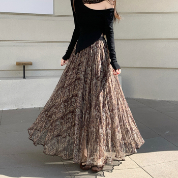 Dámska dlhá sieťovaná sukňa s retro Paisley vzorom, vysoký pás, A-line, midi dĺžka