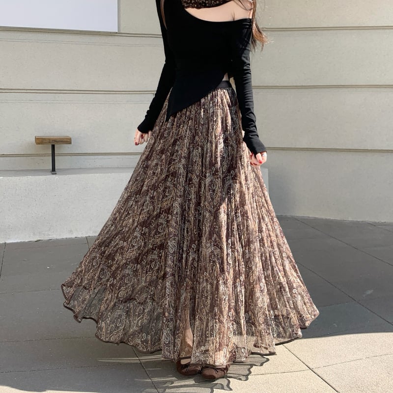 Dámska dlhá sieťovaná sukňa s retro Paisley vzorom, vysoký pás, A-line, midi dĺžka