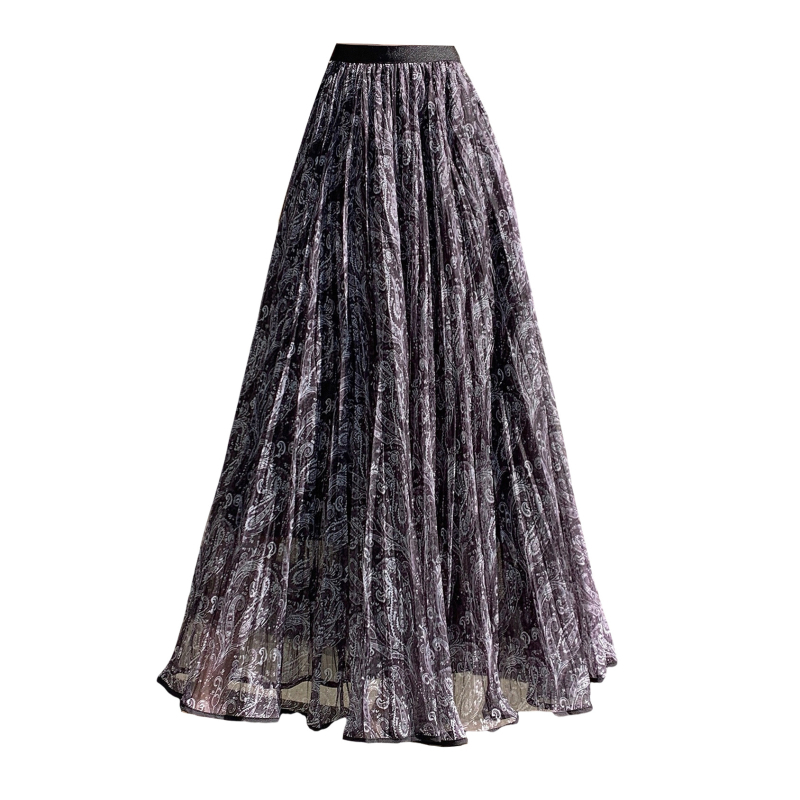 Dámska dlhá sieťovaná sukňa s retro Paisley vzorom, vysoký pás, A-line, midi dĺžka