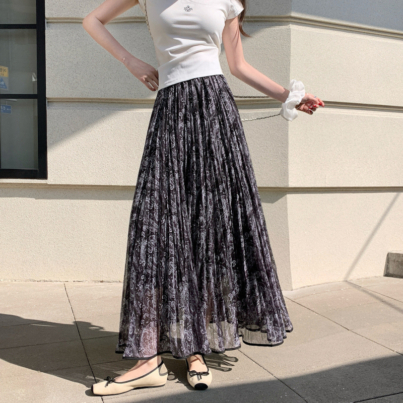 Dámska dlhá sieťovaná sukňa s retro Paisley vzorom, vysoký pás, A-line, midi dĺžka