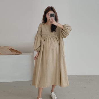 Tehotenské šaty na jeseň 2023 v štýle Hepburn, francúzska elegancia, stojací golier, dlhé rukávy, tkanina z bavlny a ľanu, hlavný materiál spandex 30–50%, dlhá sukňa typu princezna.