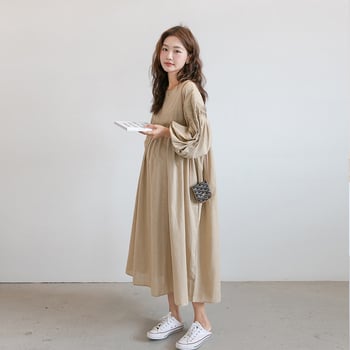 Tehotenské šaty na jeseň 2023 v štýle Hepburn, francúzska elegancia, stojací golier, dlhé rukávy, tkanina z bavlny a ľanu, hlavný materiál spandex 30–50%, dlhá sukňa typu princezna.