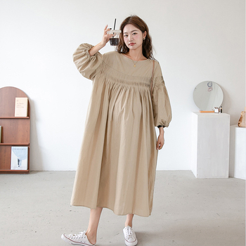 Tehotenské šaty na jeseň 2023 v štýle Hepburn, francúzska elegancia, stojací golier, dlhé rukávy, tkanina z bavlny a ľanu, hlavný materiál spandex 30–50%, dlhá sukňa typu princezna.