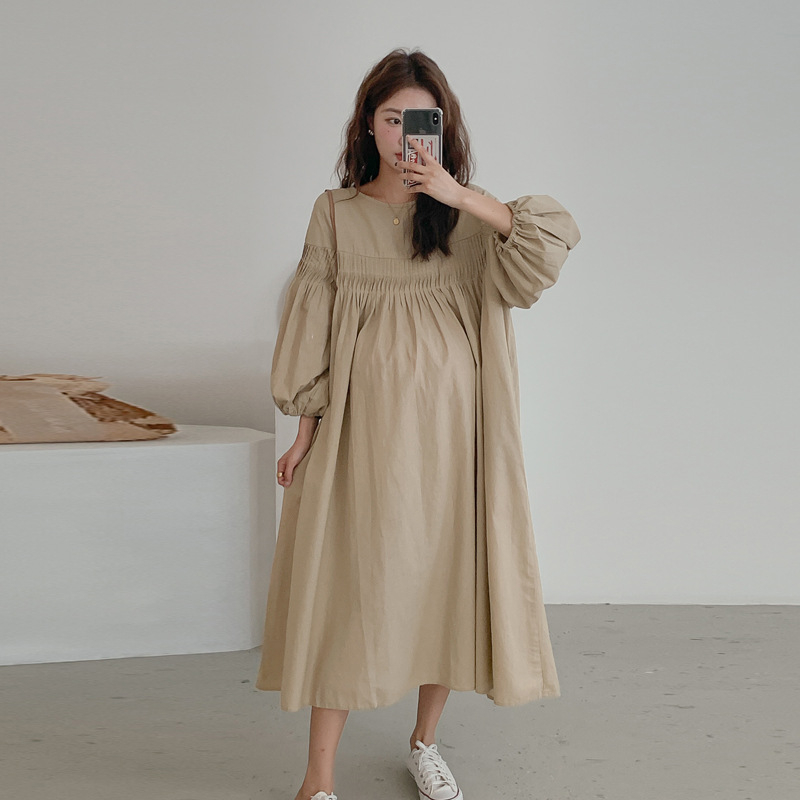 Tehotenské šaty na jeseň 2023 v štýle Hepburn, francúzska elegancia, stojací golier, dlhé rukávy, tkanina z bavlny a ľanu, hlavný materiál spandex 30–50%, dlhá sukňa typu princezna.