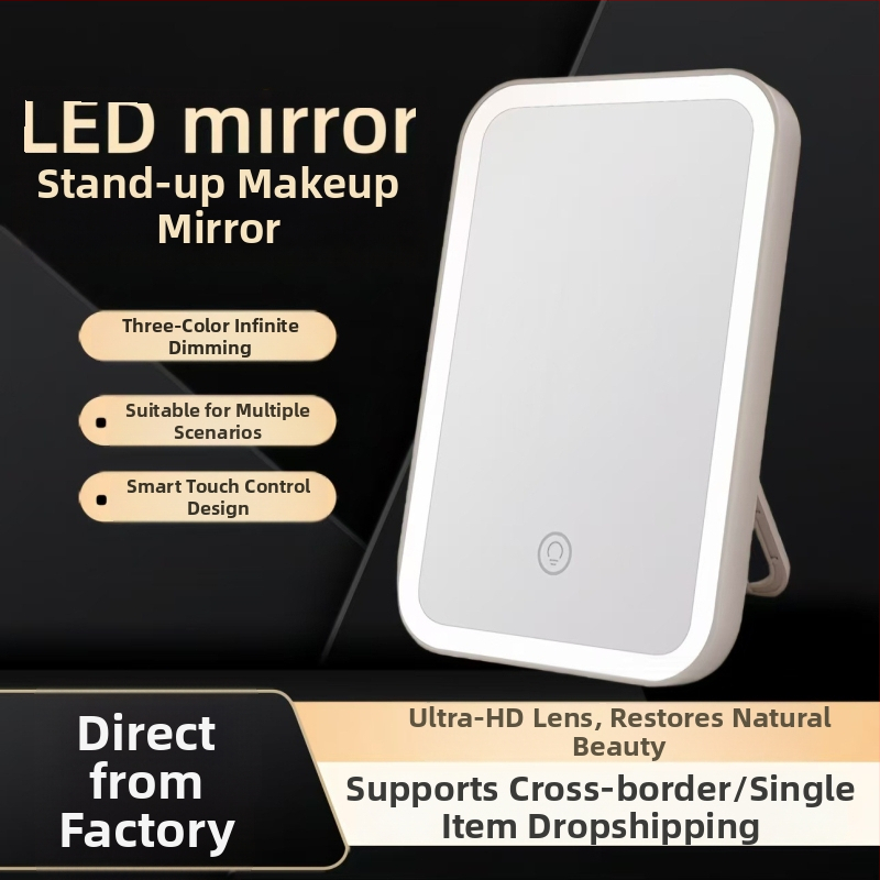 LED zrkadlo na make-up, stolné, so svetlom, sklápacie, prenosné do izby