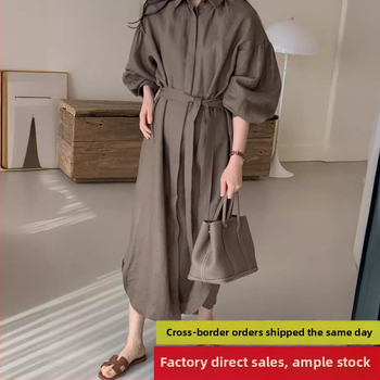Japonsko-kórejský chic 2026 jar-leto, vintage štýl s viazaním v páse pre tvarovanie siluety, lampášové rukávy, dĺžka nad kolená
