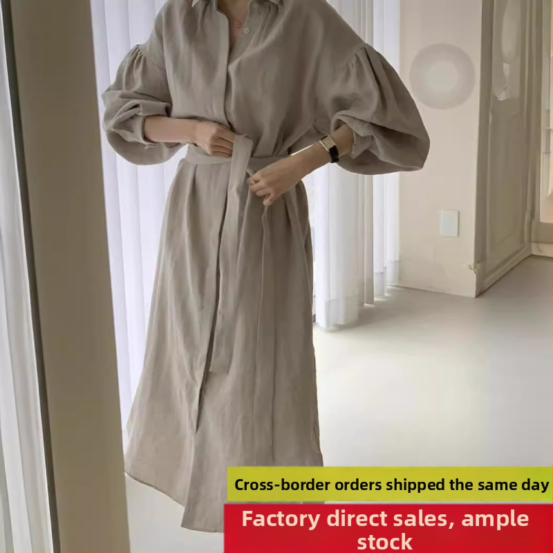 Japonsko-kórejský chic 2026 jar-leto, vintage štýl s viazaním v páse pre tvarovanie siluety, lampášové rukávy, dĺžka nad kolená