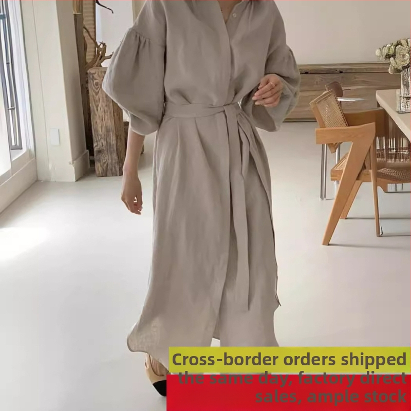 Japonsko-kórejský chic 2026 jar-leto, vintage štýl s viazaním v páse pre tvarovanie siluety, lampášové rukávy, dĺžka nad kolená