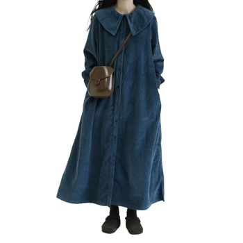 Jednobarevné šaty s námorníckym golierom, voľný strih, dlhé rukávy, dámske jesenné šaty v retro štýle, opticky zoštíhľujúci strih, dlhé šaty so zapínaním na jeden rad gombíkov