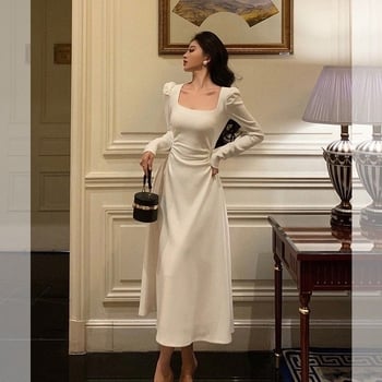 Francúzsky inšpirované elegantné čierne šaty pre ženy, jeseň-zima 2025, dlhý rukáv, zvýraznená línia pása, štvorcový výstrih, dlhé šaty.