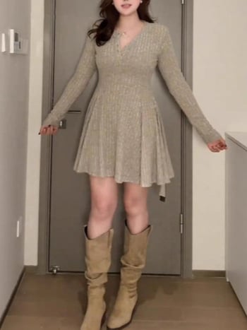 Plus-size pletené šaty s V výstrihom na jeseň-zimu, lichotivé pre krivky, inšpirované Hepburn štýlom, dlhé šaty s A-línou