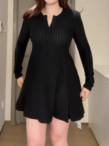Plus-size pletené šaty s V výstrihom na jeseň-zimu, lichotivé pre krivky, inšpirované Hepburn štýlom, dlhé šaty s A-línou