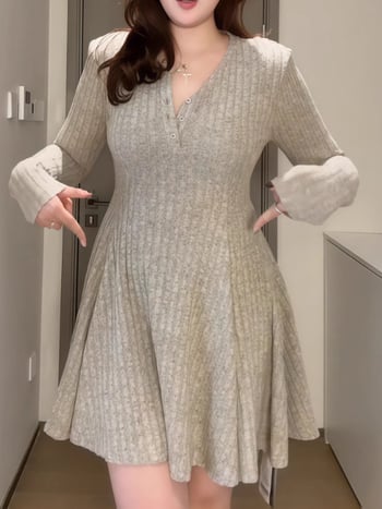 Plus-size pletené šaty s V výstrihom na jeseň-zimu, lichotivé pre krivky, inšpirované Hepburn štýlom, dlhé šaty s A-línou
