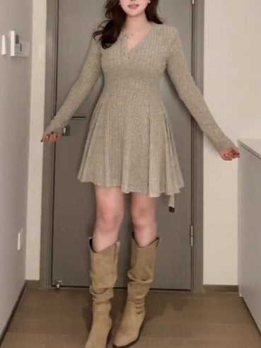 Plus-size pletené šaty s V výstrihom na jeseň-zimu, lichotivé pre krivky, inšpirované Hepburn štýlom, dlhé šaty s A-línou